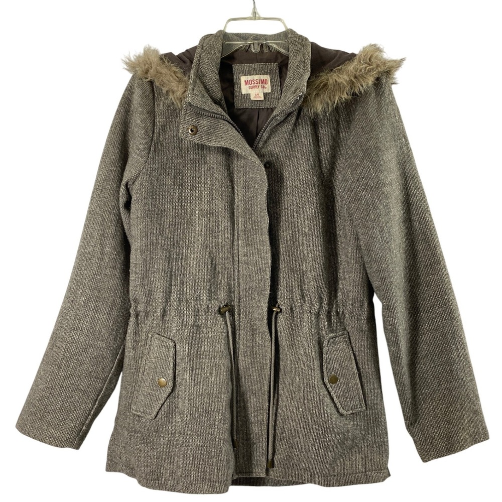 Womens Large Faux Fur Hooded Jacket Brown Tweed Drawstring Waist Outdoor Coat